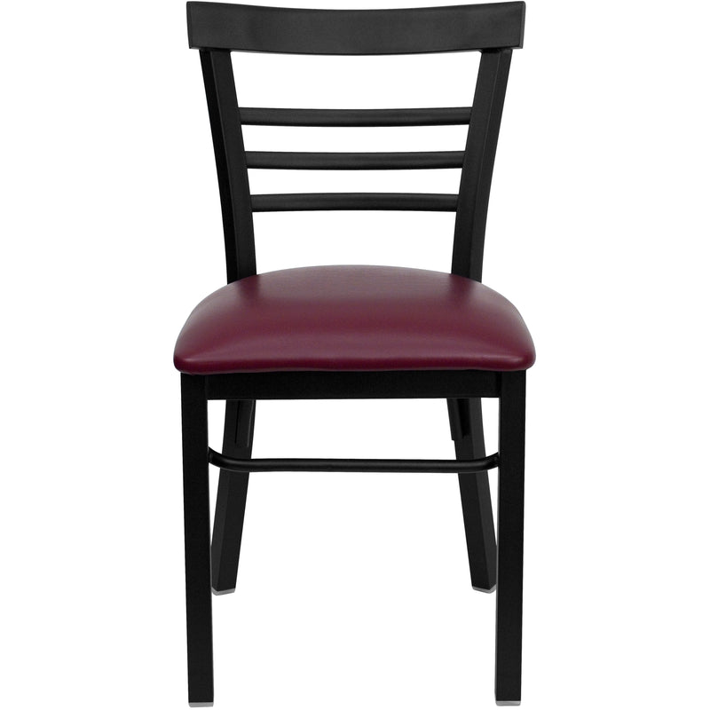 SINGLEWAVE Series Black Three-Slat Ladder Back Metal Restaurant Chair - Burgundy Vinyl Seat