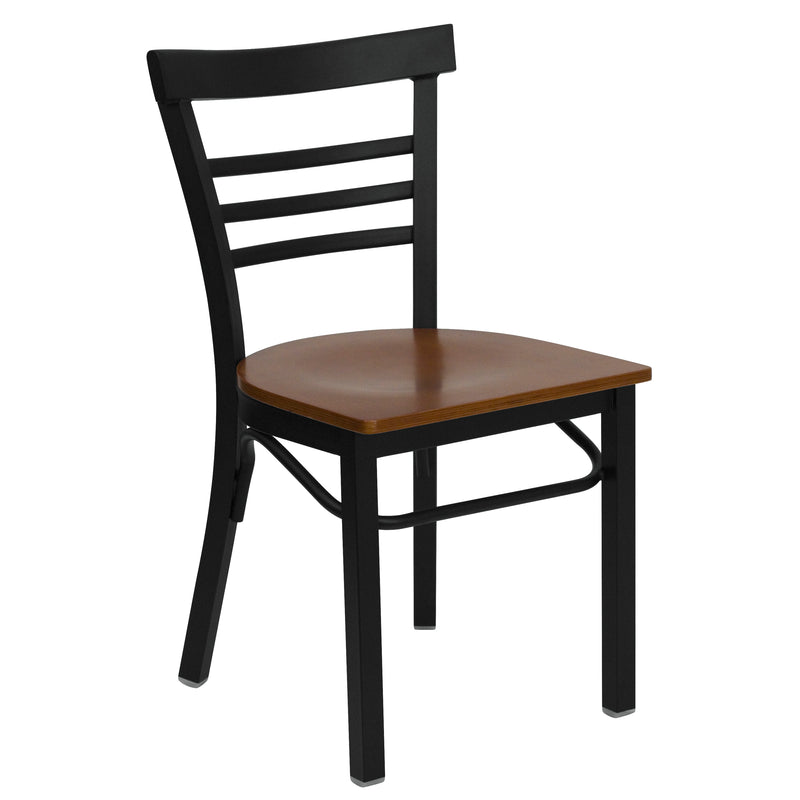 SINGLEWAVE Series Black Three-Slat Ladder Back Metal Restaurant Chair - Cherry Wood Seat