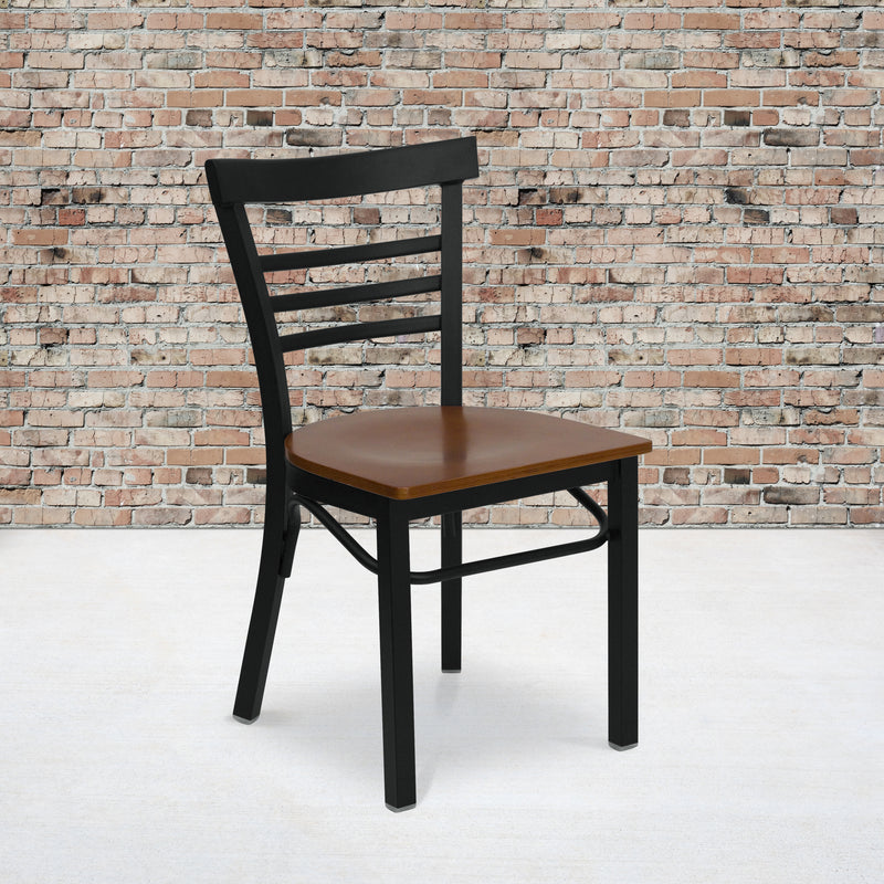 SINGLEWAVE Series Black Three-Slat Ladder Back Metal Restaurant Chair - Cherry Wood Seat