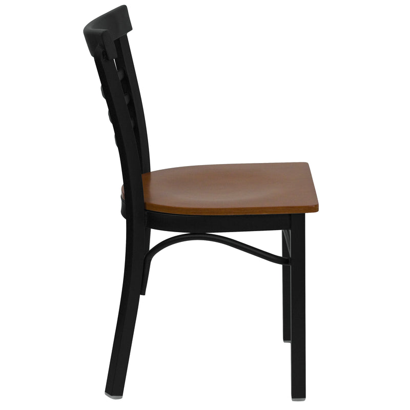 SINGLEWAVE Series Black Three-Slat Ladder Back Metal Restaurant Chair - Cherry Wood Seat