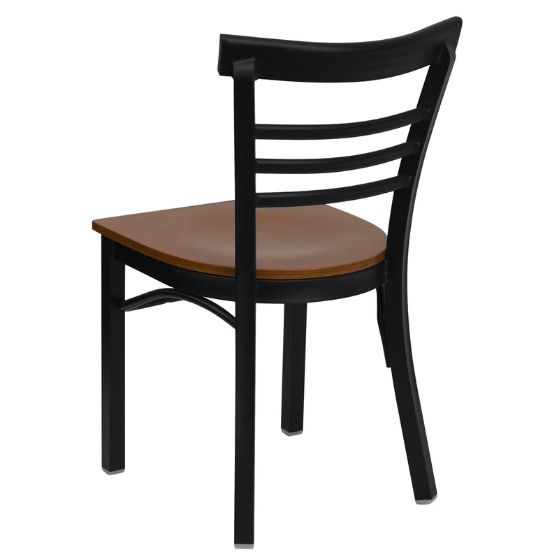 SINGLEWAVE Series Black Three-Slat Ladder Back Metal Restaurant Chair - Cherry Wood Seat