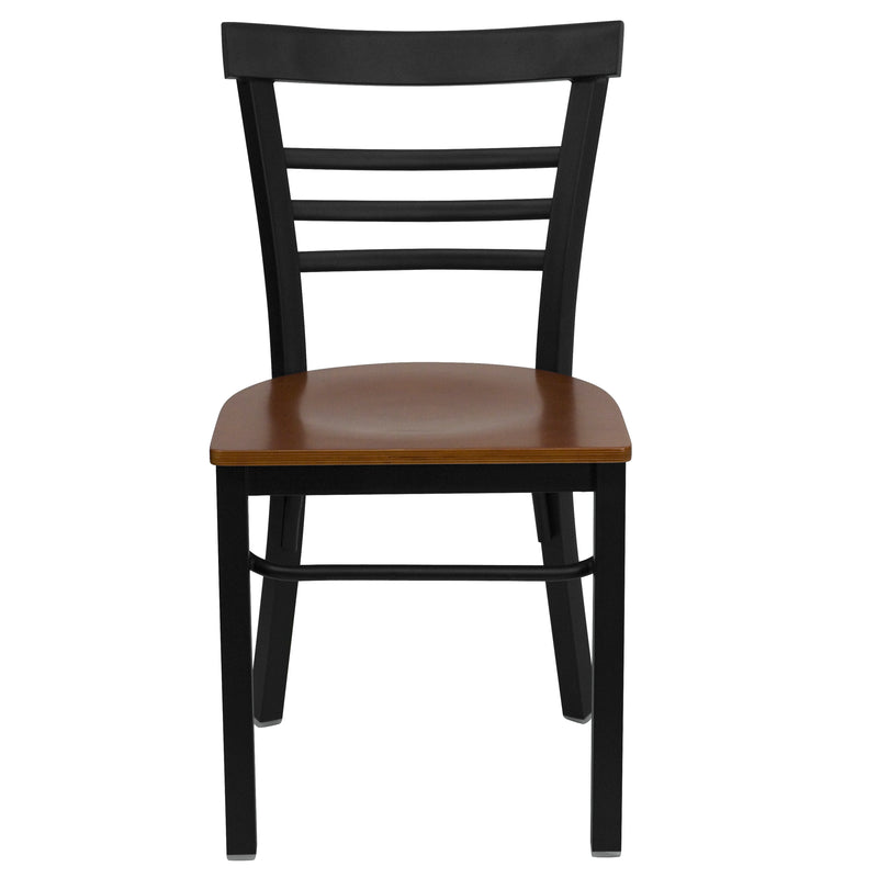 SINGLEWAVE Series Black Three-Slat Ladder Back Metal Restaurant Chair - Cherry Wood Seat