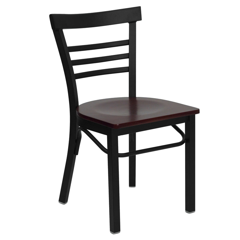 SINGLEWAVE Series Black Three-Slat Ladder Back Metal Restaurant Chair - Mahogany Wood Seat