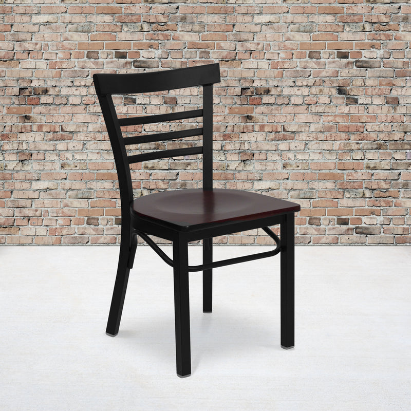 SINGLEWAVE Series Black Three-Slat Ladder Back Metal Restaurant Chair - Mahogany Wood Seat