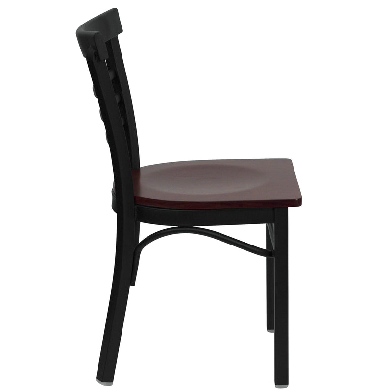 SINGLEWAVE Series Black Three-Slat Ladder Back Metal Restaurant Chair - Mahogany Wood Seat