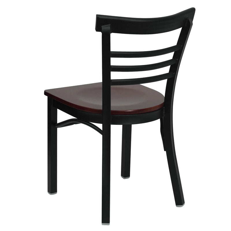 SINGLEWAVE Series Black Three-Slat Ladder Back Metal Restaurant Chair - Mahogany Wood Seat