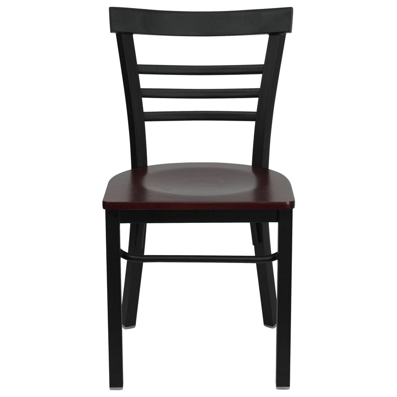 SINGLEWAVE Series Black Three-Slat Ladder Back Metal Restaurant Chair - Mahogany Wood Seat