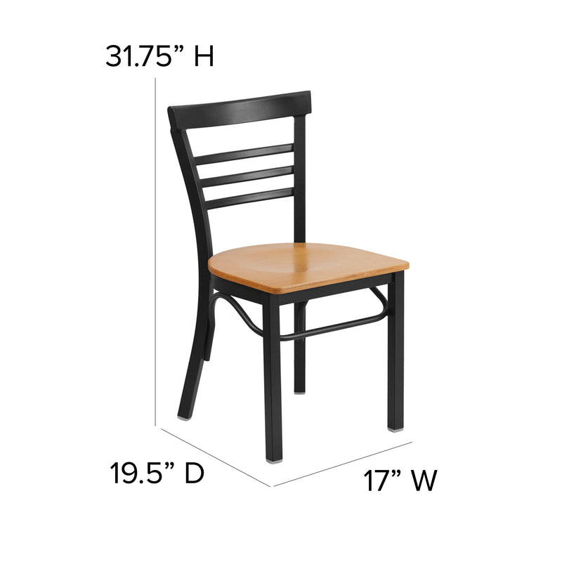 SINGLEWAVE Series Black Three-Slat Ladder Back Metal Restaurant Chair - Natural Wood Seat