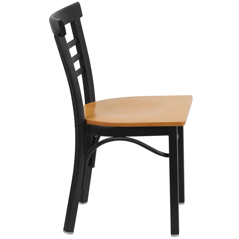 SINGLEWAVE Series Black Three-Slat Ladder Back Metal Restaurant Chair - Natural Wood Seat