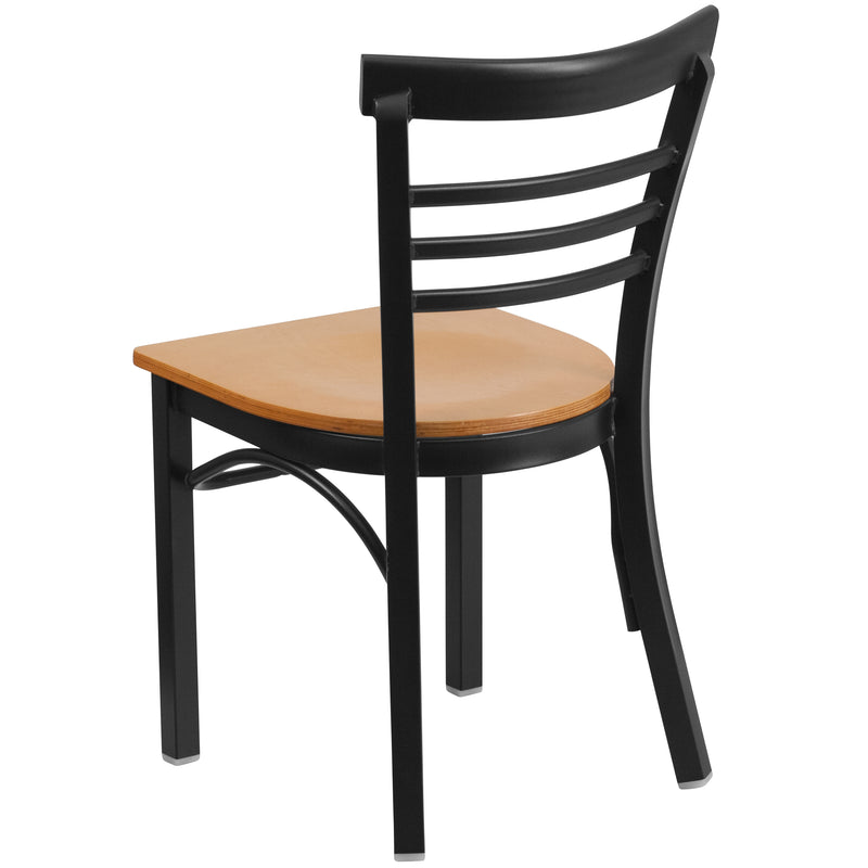 SINGLEWAVE Series Black Three-Slat Ladder Back Metal Restaurant Chair - Natural Wood Seat