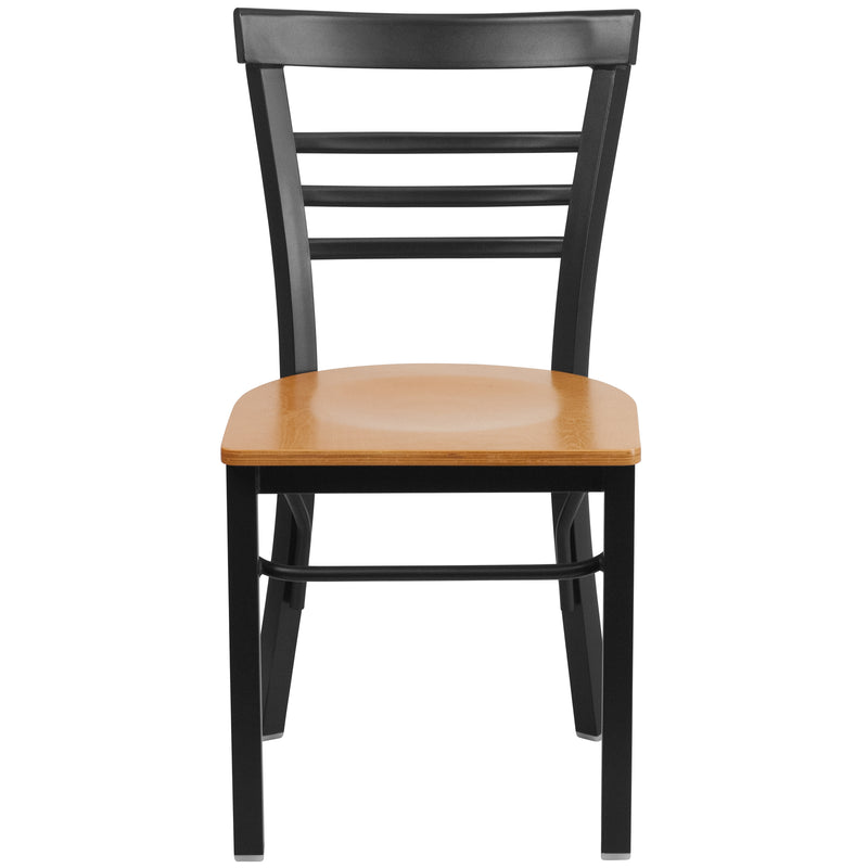 SINGLEWAVE Series Black Three-Slat Ladder Back Metal Restaurant Chair - Natural Wood Seat