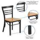SINGLEWAVE Series Black Three-Slat Ladder Back Metal Restaurant Chair - Natural Wood Seat