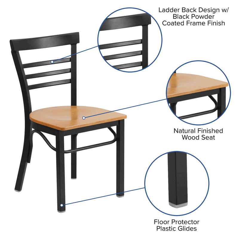 SINGLEWAVE Series Black Three-Slat Ladder Back Metal Restaurant Chair - Natural Wood Seat