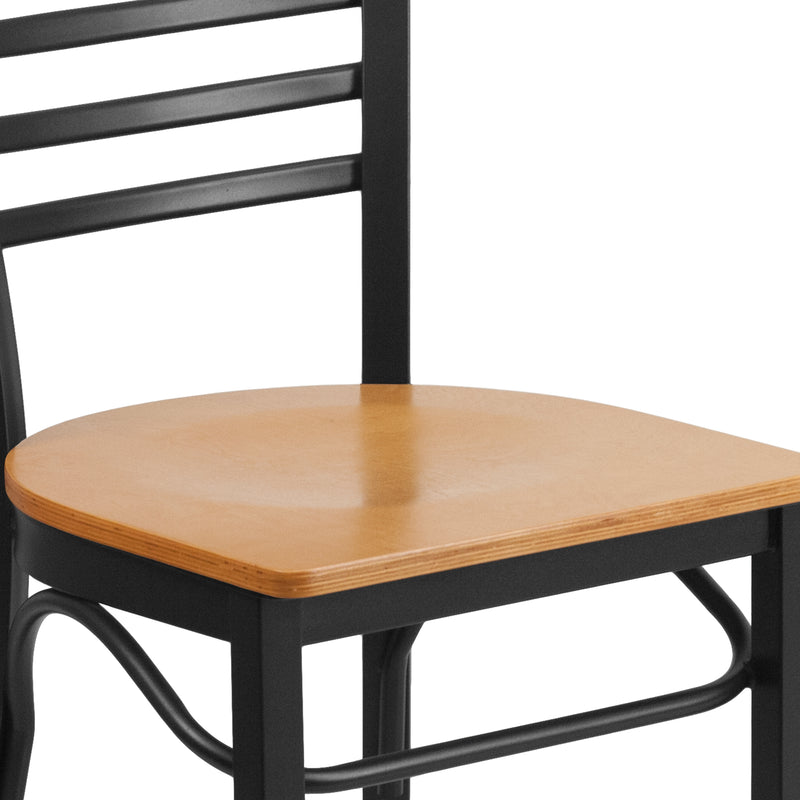 SINGLEWAVE Series Black Three-Slat Ladder Back Metal Restaurant Chair - Natural Wood Seat