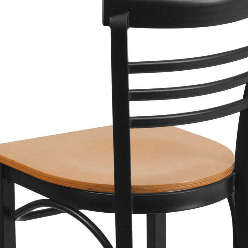 SINGLEWAVE Series Black Three-Slat Ladder Back Metal Restaurant Chair - Natural Wood Seat