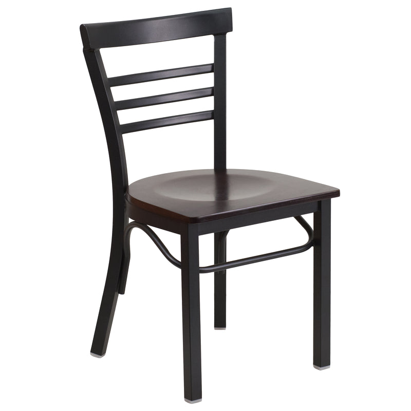 SINGLEWAVE Series Black Three-Slat Ladder Back Metal Restaurant Chair - Walnut Wood Seat