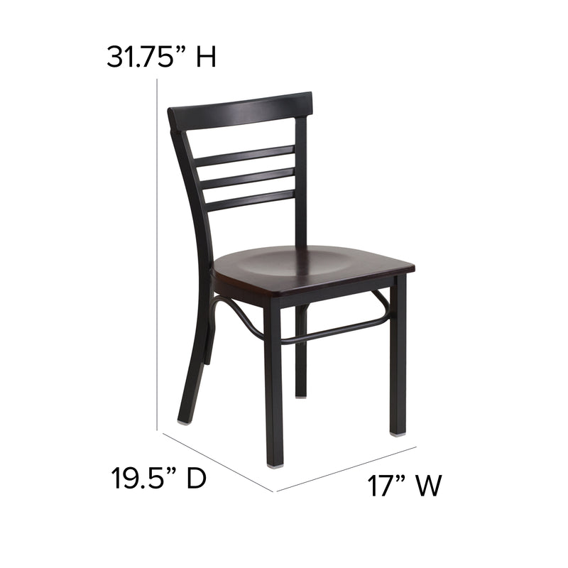 SINGLEWAVE Series Black Three-Slat Ladder Back Metal Restaurant Chair - Walnut Wood Seat