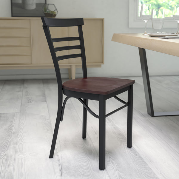 SINGLEWAVE Series Black Three-Slat Ladder Back Metal Restaurant Chair - Walnut Wood Seat