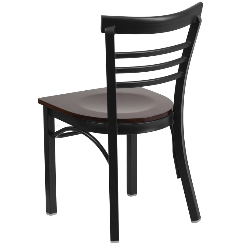 SINGLEWAVE Series Black Three-Slat Ladder Back Metal Restaurant Chair - Walnut Wood Seat