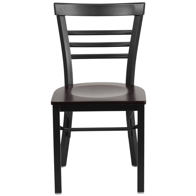 SINGLEWAVE Series Black Three-Slat Ladder Back Metal Restaurant Chair - Walnut Wood Seat