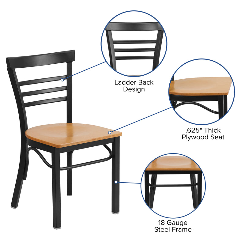 SINGLEWAVE Series Black Three-Slat Ladder Back Metal Restaurant Chair - Walnut Wood Seat