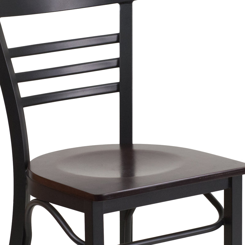 SINGLEWAVE Series Black Three-Slat Ladder Back Metal Restaurant Chair - Walnut Wood Seat