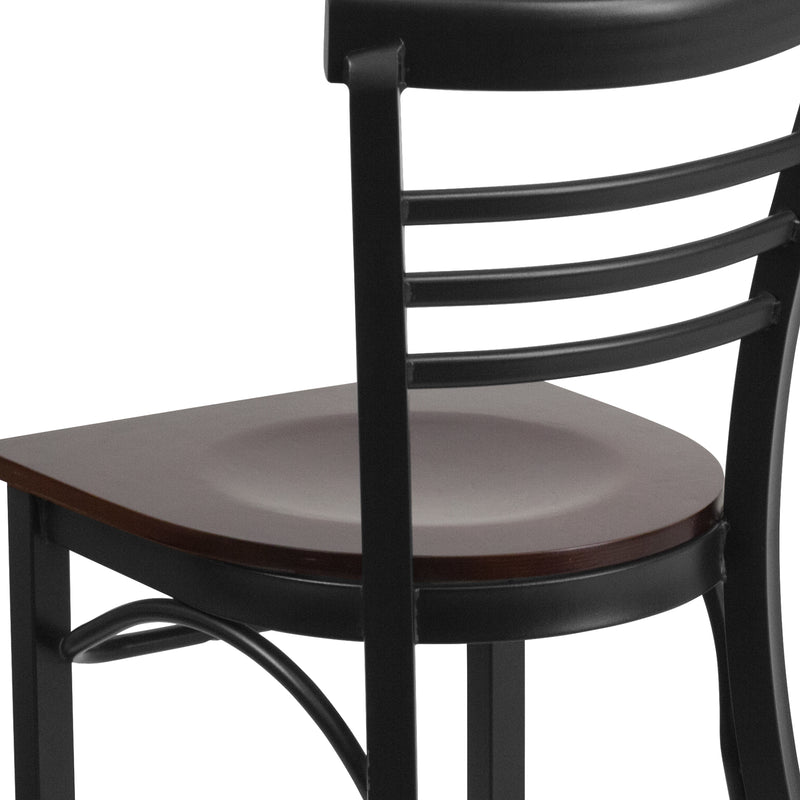 SINGLEWAVE Series Black Three-Slat Ladder Back Metal Restaurant Chair - Walnut Wood Seat