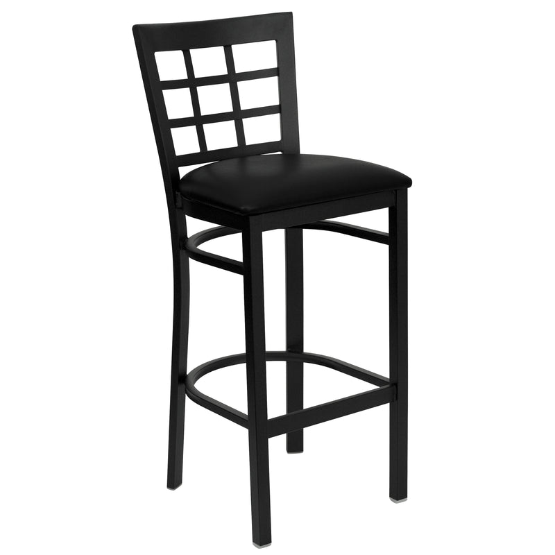 SINGLEWAVE Series Black Window Back Metal Restaurant Barstool - Black Vinyl Seat