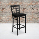 SINGLEWAVE Series Black Window Back Metal Restaurant Barstool - Black Vinyl Seat
