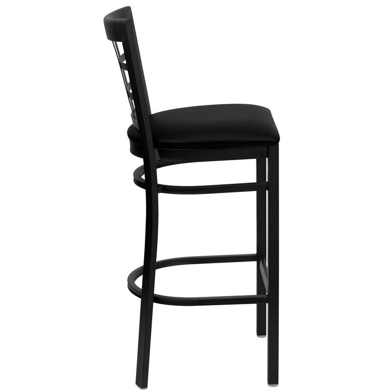 SINGLEWAVE Series Black Window Back Metal Restaurant Barstool - Black Vinyl Seat