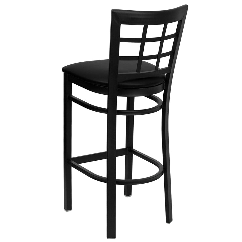 SINGLEWAVE Series Black Window Back Metal Restaurant Barstool - Black Vinyl Seat