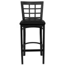 SINGLEWAVE Series Black Window Back Metal Restaurant Barstool - Black Vinyl Seat