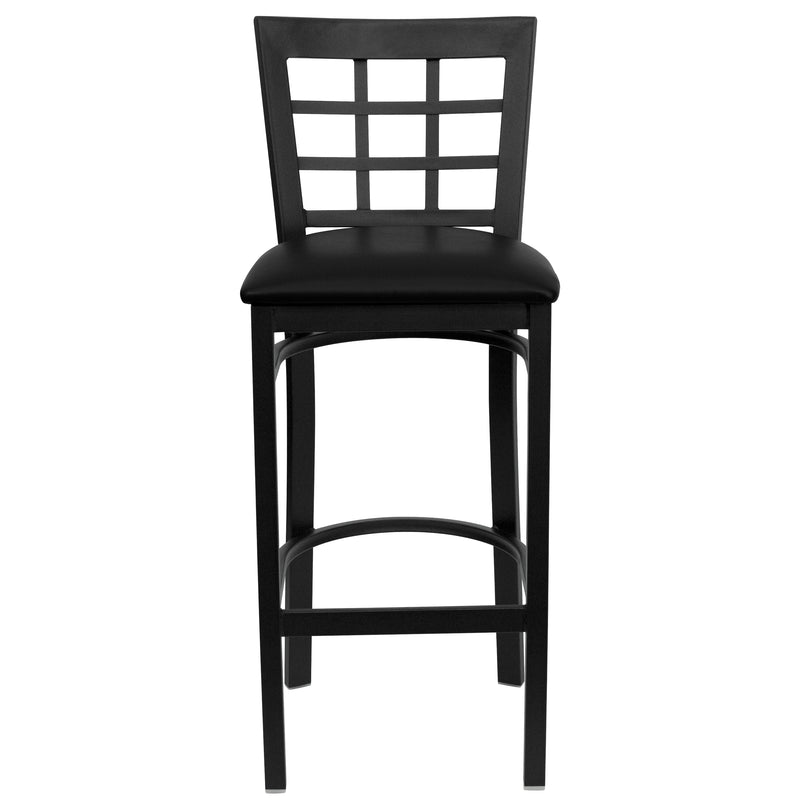 SINGLEWAVE Series Black Window Back Metal Restaurant Barstool - Black Vinyl Seat