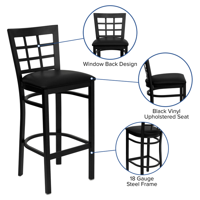 SINGLEWAVE Series Black Window Back Metal Restaurant Barstool - Black Vinyl Seat