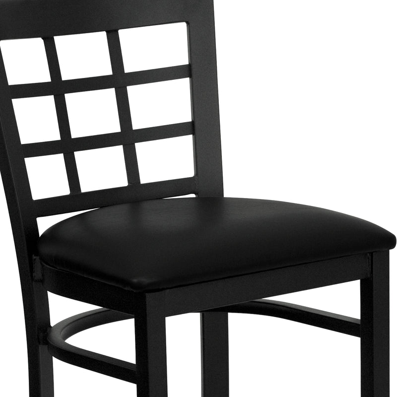 SINGLEWAVE Series Black Window Back Metal Restaurant Barstool - Black Vinyl Seat