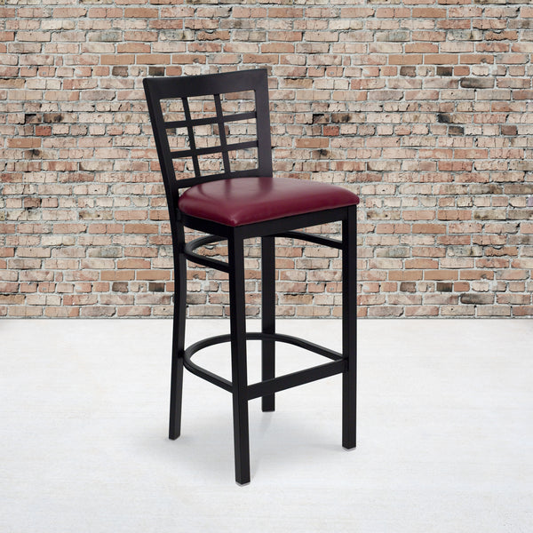 SINGLEWAVE Series Black Window Back Metal Restaurant Barstool - Burgundy Vinyl Seat