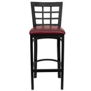 SINGLEWAVE Series Black Window Back Metal Restaurant Barstool - Burgundy Vinyl Seat
