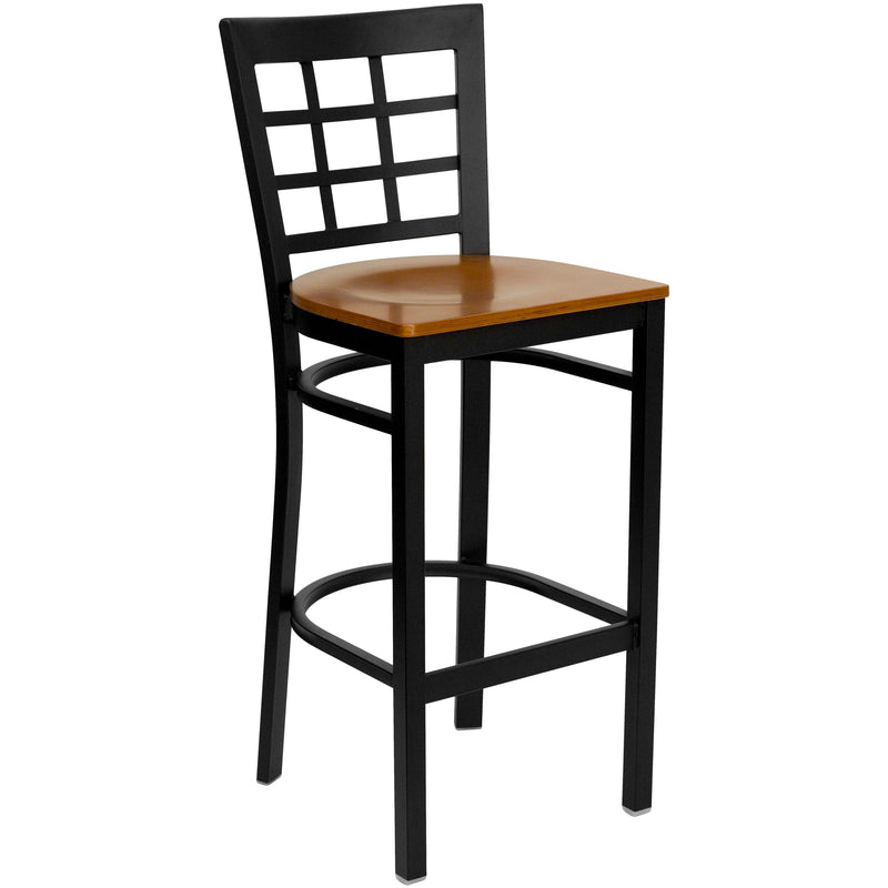 SINGLEWAVE Series Black Window Back Metal Restaurant Barstool - Cherry Wood Seat