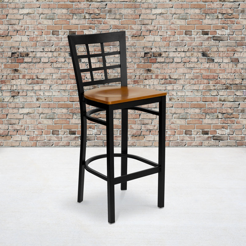 SINGLEWAVE Series Black Window Back Metal Restaurant Barstool - Cherry Wood Seat