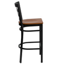 SINGLEWAVE Series Black Window Back Metal Restaurant Barstool - Cherry Wood Seat