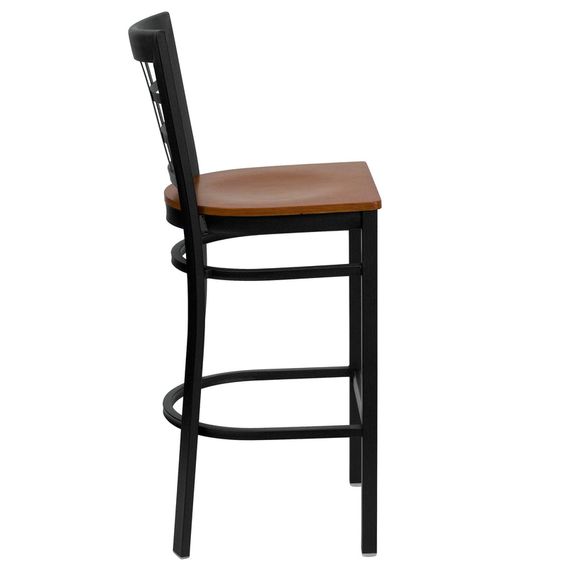 SINGLEWAVE Series Black Window Back Metal Restaurant Barstool - Cherry Wood Seat