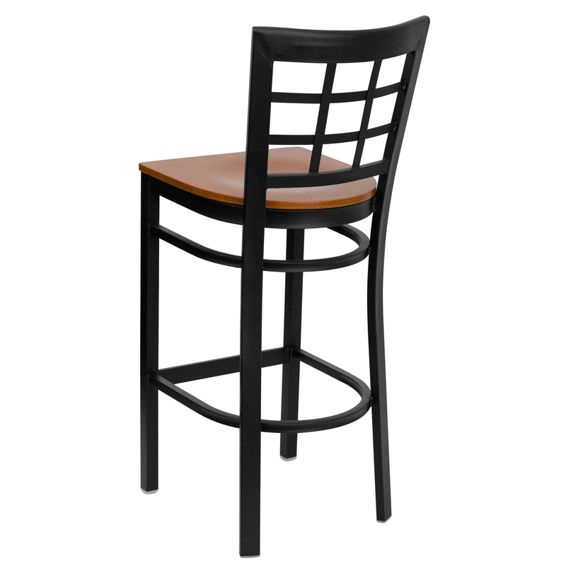 SINGLEWAVE Series Black Window Back Metal Restaurant Barstool - Cherry Wood Seat