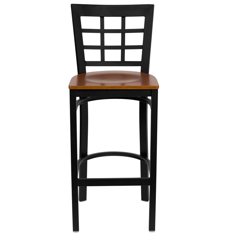 SINGLEWAVE Series Black Window Back Metal Restaurant Barstool - Cherry Wood Seat