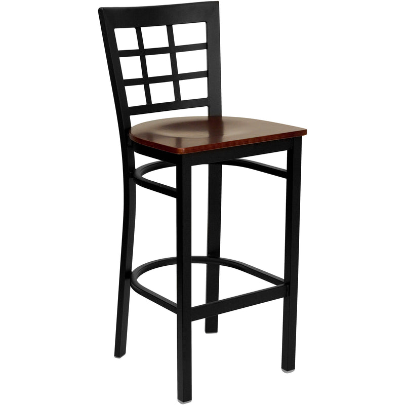 SINGLEWAVE Series Black Window Back Metal Restaurant Barstool - Mahogany Wood Seat