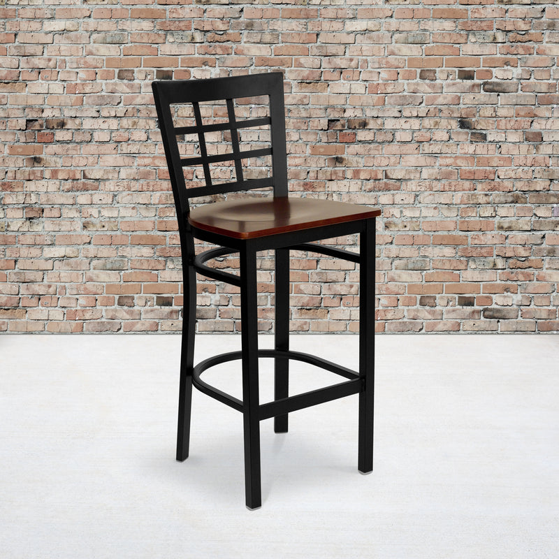 SINGLEWAVE Series Black Window Back Metal Restaurant Barstool - Mahogany Wood Seat