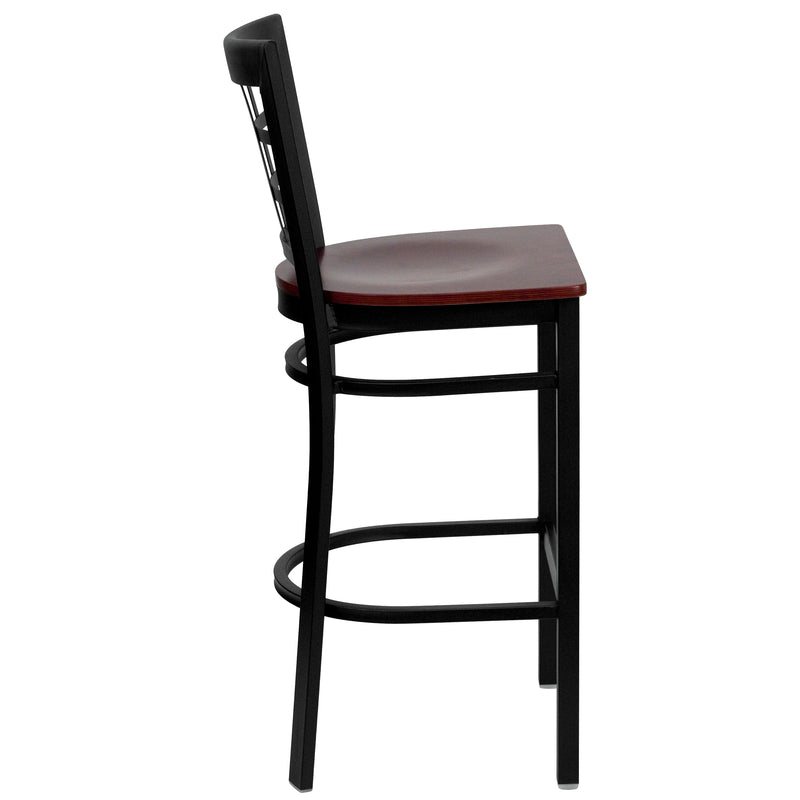 SINGLEWAVE Series Black Window Back Metal Restaurant Barstool - Mahogany Wood Seat