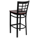SINGLEWAVE Series Black Window Back Metal Restaurant Barstool - Mahogany Wood Seat