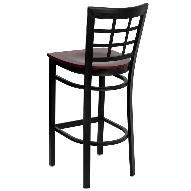 SINGLEWAVE Series Black Window Back Metal Restaurant Barstool - Mahogany Wood Seat