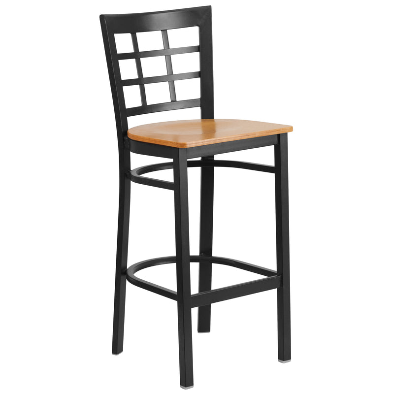 SINGLEWAVE Series Black Window Back Metal Restaurant Barstool - Natural Wood Seat