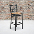 SINGLEWAVE Series Black Window Back Metal Restaurant Barstool - Natural Wood Seat